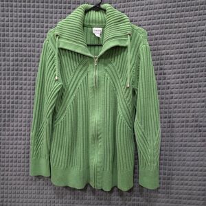 Green Ribbed Zip Sweater Jacket Lg Shawl Collar Stretch Athleisure Preppy Kelly
